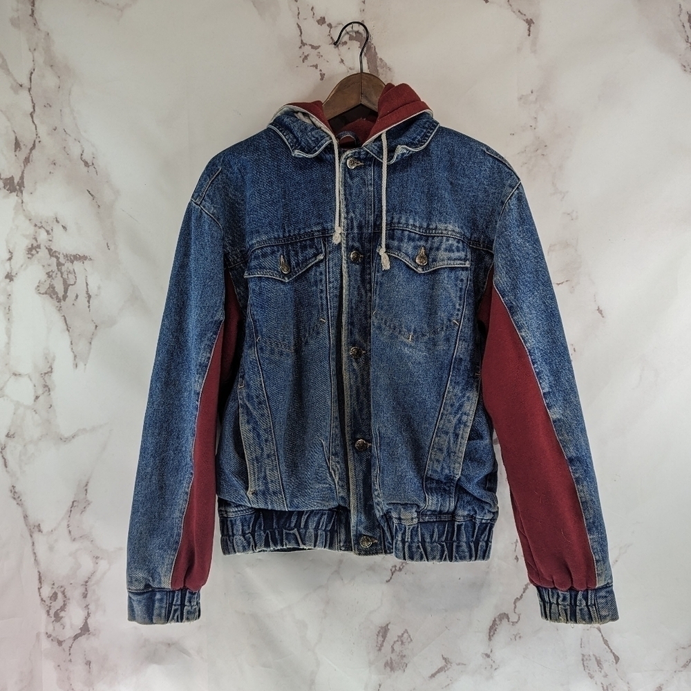 Vintage Denim Coat Women Large Jean 90s Hoodie Jacket Red Zip Button Heavyweight